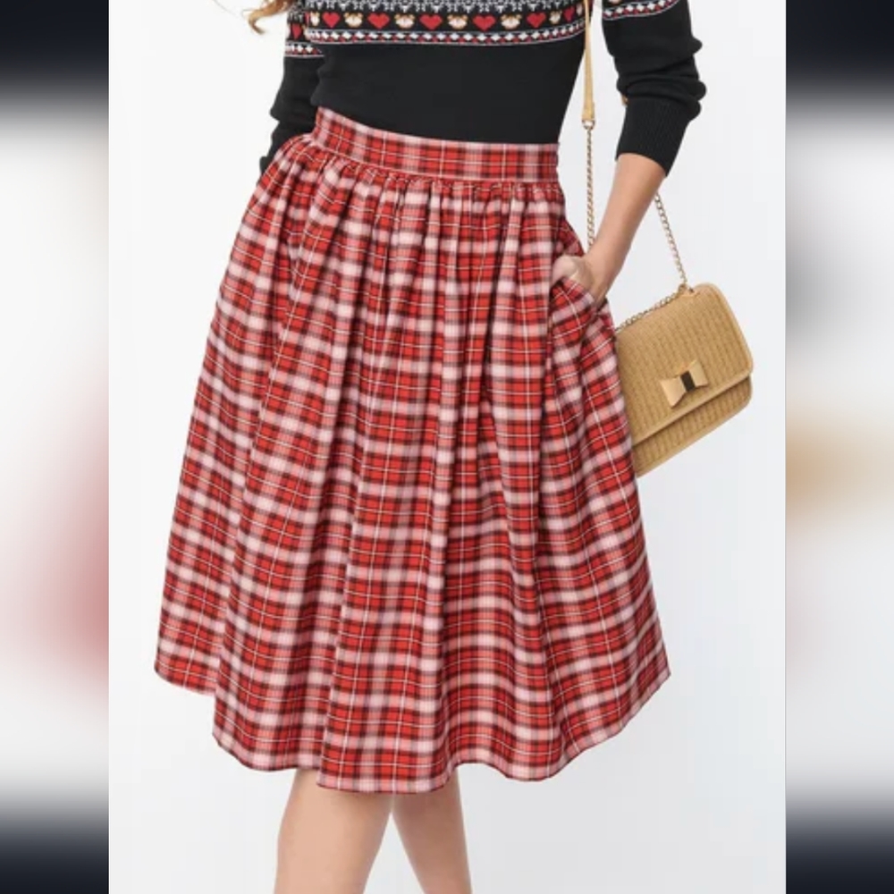 Unique Vintage Red Plaid Gellar Swing Skirt